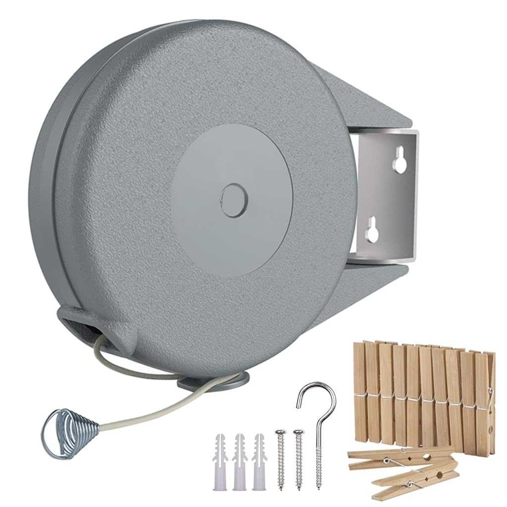 HASTHIP Retractable Clothesline - 30lbs Portable Heavy Duty Indoor and Outdoor Washing Line, 39 Feet PVC Retracting Clothes Line with Wooden Clamp, Wire Clothesline Outdoor Clothesline (Grey) HASTHIP Retractable Clothesline - 30lbs Portable Heavy Duty Indoor and Outdoor Washing Line, 39 Feet PVC Retracting Clothes Line with Wooden Clamp, Wire Clothesline Outdoor Clothesline (Grey)